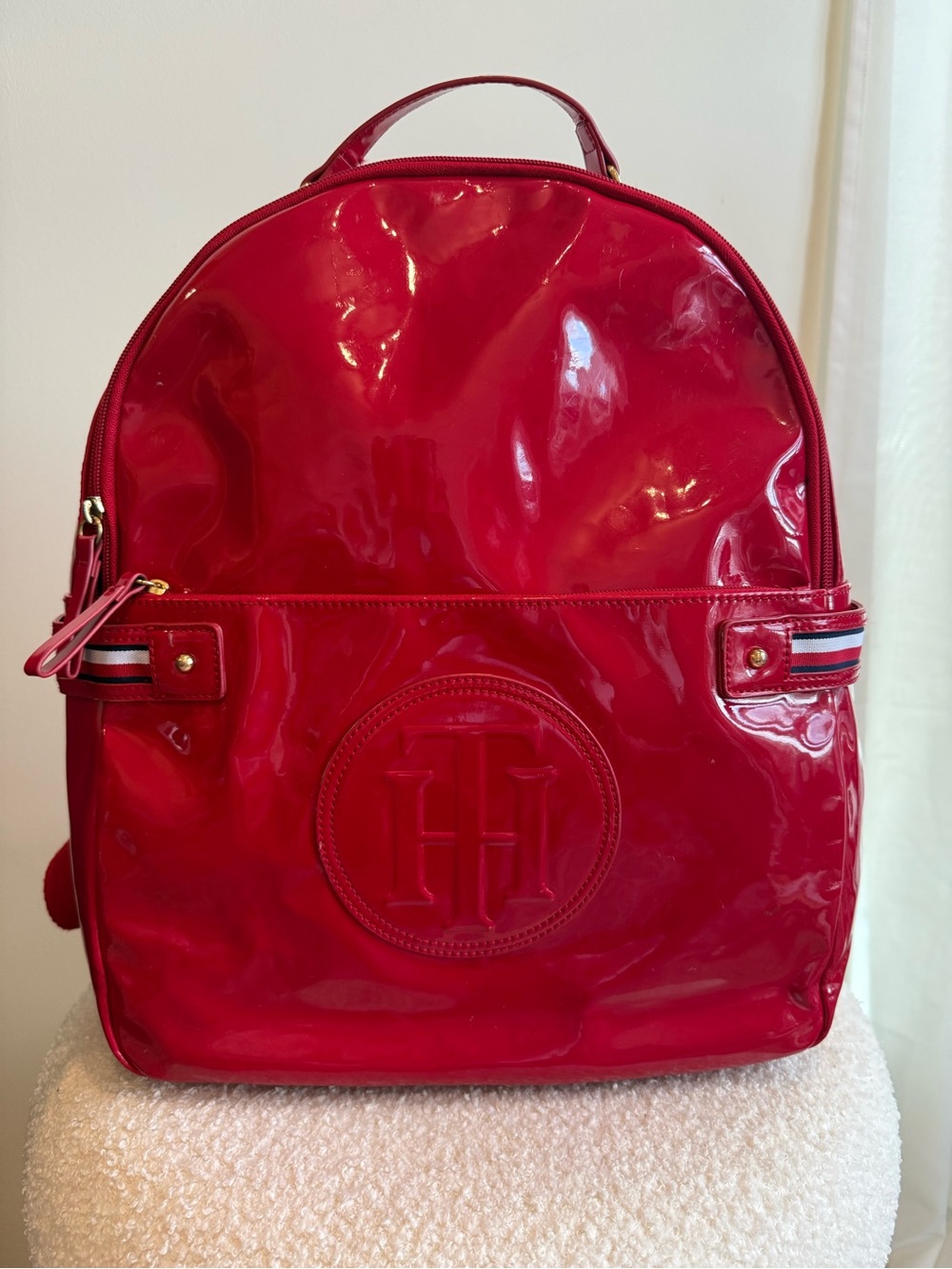 Tommy Hilfiger Glossy Red Patent Backpack with Signature Emblem
